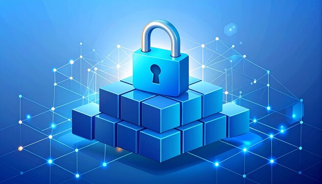 Minimalist flat design showing an open padlock over immutable blockchain blocks. Symbolizing permissionless Web3 access.