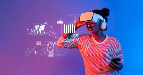 Innovative Young Woman Using Virtual Reality Technology with Data Visualizations and Analytics in a Modern Marketing Strategy Environment XDMCP.
