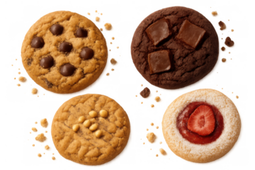 Assorted cookies falling with crumbs on transparent background, showcasing variety of sweet baked desserts