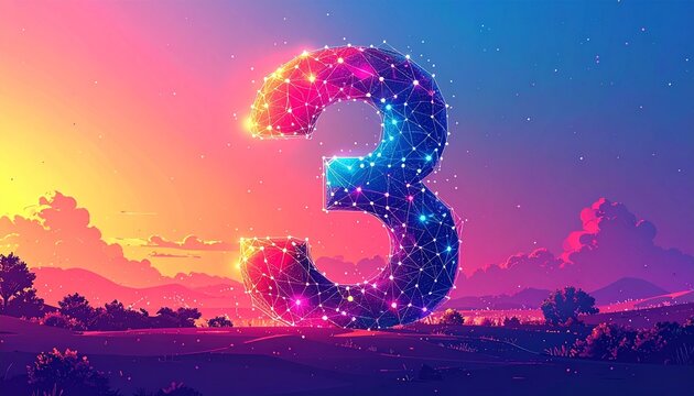 Stylized interconnected nodes forming a large '3' in a flat 2D decentralized network illustration. Vibrant modern concept