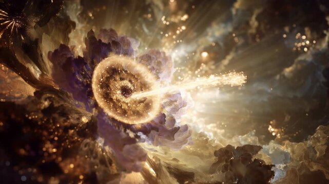 Mystical cosmic scene featuring a glowing purple and gold fractal flower emitting sparkling particles and light beams, creating an ethereal and spiritual ambient background in deep space