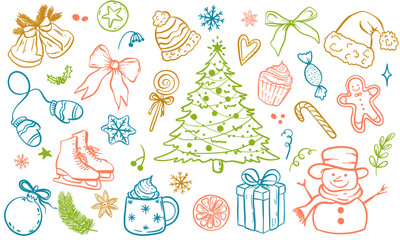 Fototapeta premium Christmas elements, Christmas Doodle Set, Hand Drawn Holiday Clipart, Winter Line Art Collection with Tree, Snowman, Gifts, Sweets and Decorations. Vector Illustrations