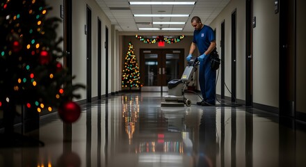 Dedicated cleaner polishes reflective hallway floor amidst glowing Christmas decorations, ensuring a sparkling and festive environment this holiday season