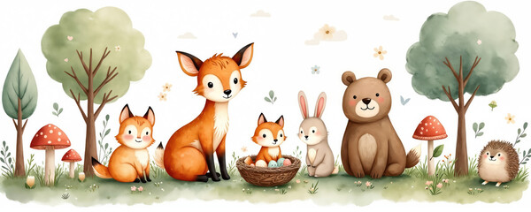 Watercolor illustration of cute forest animals as foxes bear rabbit hedgehog, trees. Woodland scene good for nursery posters childrens decor baby shower invitations. Hand painted nature art for kids.