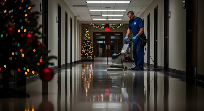 Dedicated cleaner polishes reflective hallway floor amidst glowing Christmas decorations, ensuring a sparkling and festive environment this holiday season