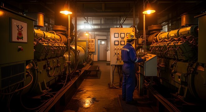 Skilled engineer diligently operating complex industrial machinery in a dimly lit power generation facility, ensuring energy production and system stability through advanced control systems