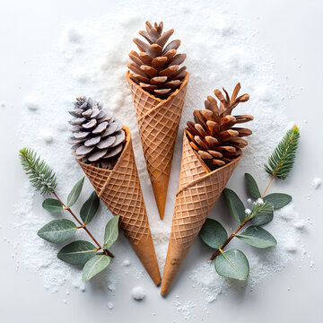 Tre coni disposti a triangolo, neve artificiale, un ramo di eucalipto o cannella. Sfondo bianco luminoso.