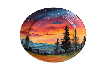Decorative Plate with Vibrant Watercolor Sunset Landscape and Silhouetted Trees – Artistic Tableware Design-3d