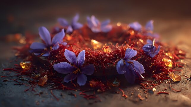 Aromatic saffron spice threads with delicate purple crocus flowers on rustic wooden surface, illuminated by warm golden light.