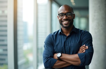 Smiling black man in office stands with arms crossed. Confident adult businessman poses in company. Happy worker wears shirt and glasses. Male boss looks successful in his corporate job.