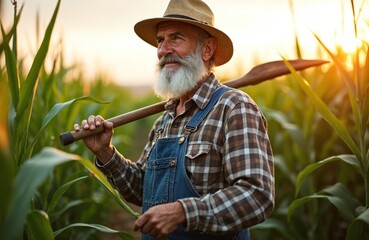 Elderly farmer with white beard wears straw hat and overalls, holds hoe over shoulder in cornfield at sunset. He surveys his crops with pride, contemplating future harvest and farm growth.