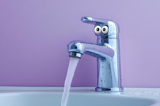 Chrome bathroom faucet with cartoon eyes and running water against purple background, creating playful personification for plumbing or water conservation concepts.