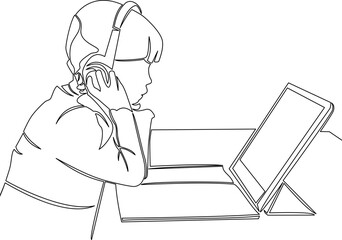 Continuous one single line drawing Child learning in front of tablet computer symbolizing online education and digital learning icon vector illustration concept