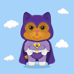 Superhero cat kids cartoon character wearing purple suits flying in the sky