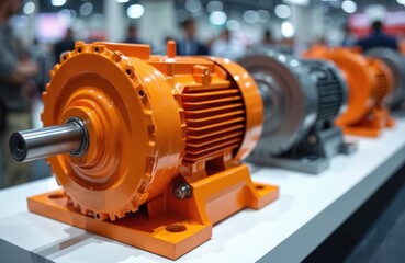 Bright orange industrial gear motors display. Equipment parts for electric drive systems at tech exhibition. Modern engineering and machinery. High tech industry devices and production.