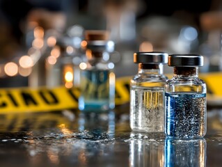 Medical vials with clear and blue liquid on reflective surface, caution tape in background, laboratory setting with bokeh lights.