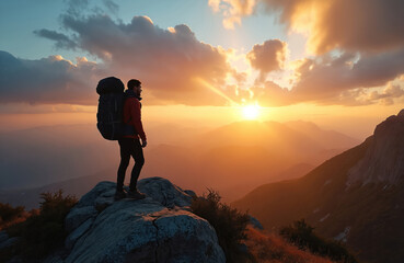 Man stands on rocky mountain peak with large backpack, gazing at sunrise over mountains. Hiker enjoys scenic view, feeling sense of adventure and freedom in beautiful mountain landscape.