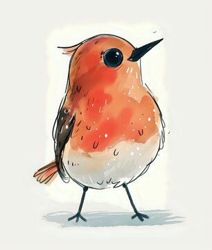 Watercolor robin with orange-red breast and round body, featuring delicate brush strokes and expressive black eye on light background, suitable for greeting cards.