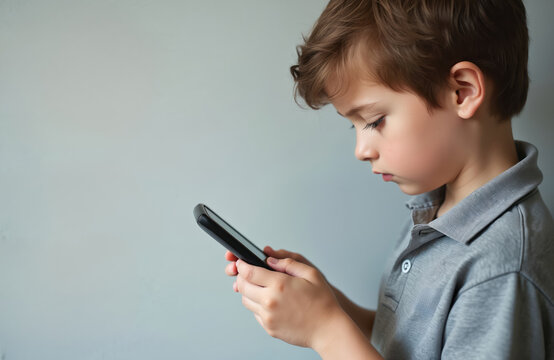 Little boy holds smartphone, looks at screen. Plays mobile game watches video intently. Child focuses on tech device. Kid uses modern phone indoors, learning new skills, digital content, just playing