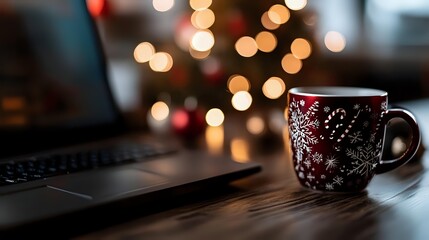 Festive red mug with snowflake pattern next to laptop on wooden desk, with soft bokeh Christmas lights in background creating cozy holiday atmosphere.