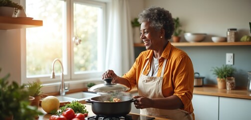 Happy senior black woman cooks healthy food inside bright home kitchen. Smiling elderly female prepares delicious homemade meal in pot on stove. Mature lady enjoys hobby making dinner with fresh