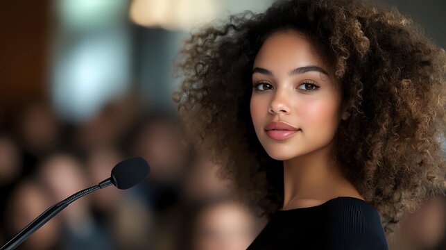 Young woman with natural curly hair speaking at conference, microphone visible, blurred audience in background, professional setting.