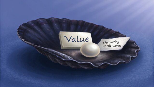 Pearl with value statement inside seashell on dark blue
