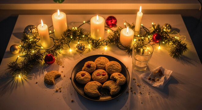 Warm and Cozy Christmas Table Setting with Glowing Candles and Cookies