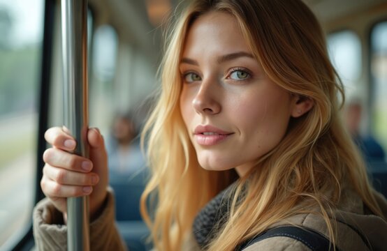 Young woman holds handrail on public transport. She travels by train, bus or subway. She looks confident, feeling safe during commute. This represents urban mobility.
