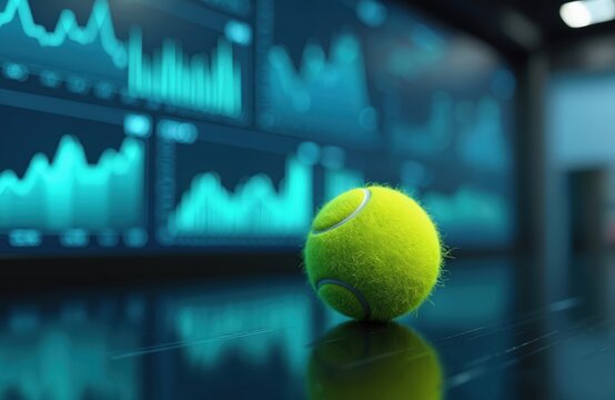 Yellow tennis ball rests on reflective surface before large screen displaying glowing blue charts and graphs. Business data analysis and sports performance metrics merge on screen. - Powered by Adobe