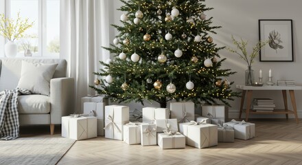 Obraz premium Cozy Living Room Decorated for Christmas with Gifts Under the Tree