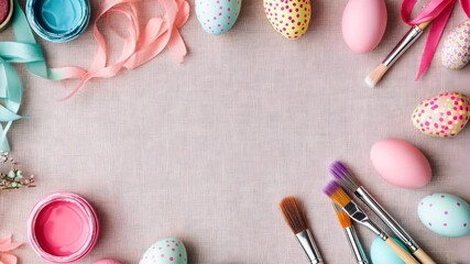 Colorful easter egg painting with brushes and ribbons in festive arrangement - Powered by Adobe