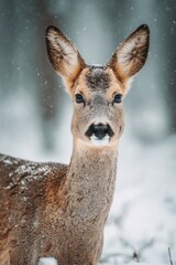 Close-Up Portrait of a Beautiful Reindeer in Snowy Winter Setting, Aesthetic and Serene Wildlife Photography