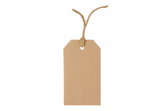 Blank brown kraft paper tag with string for pricing or gift labeling against a transparent background - Powered by Adobe