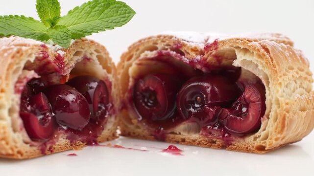 Delicious homemade cake with fresh cherries and red cherry jam, a sweet fruit dessert