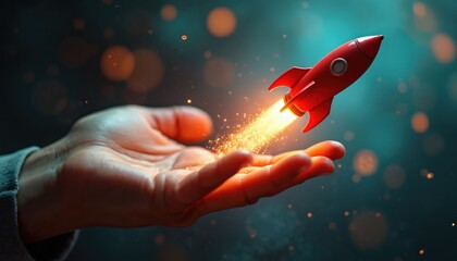 Red rocket ship lifts off from open hand. Sparks and flames stream upward, signifying a new business venture or innovative idea taking flight. Symbolizes startup growth and future success.
