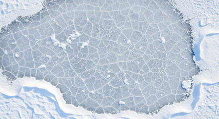 Abstract background of a thick layer of patterned snow and ice covering a frozen lake. The texture shows subtle cracks, bubbles, and drifts, creating a natural, geometric mosaic. Texture, cold, natura