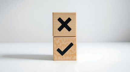 Wooden cubes with check and cross icons representing checklist, task completion, productivity, business planning, minimal workspace background