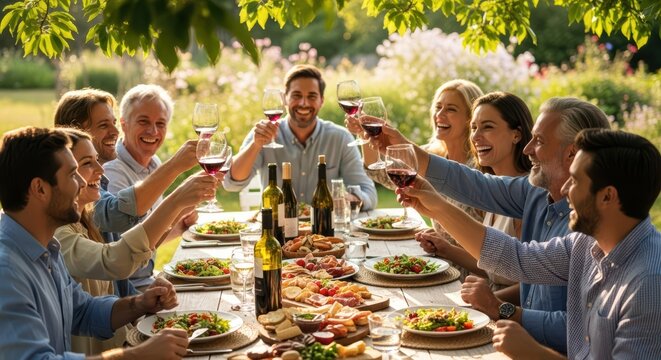 Joyful family and friends gather for a festive outdoor feast and wine toast - Powered by Adobe
