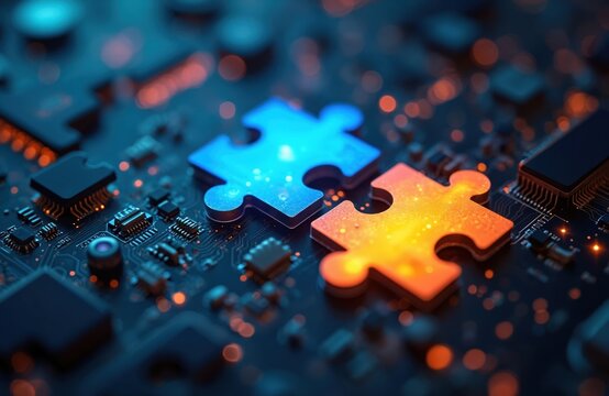 Two glowing blue, orange puzzle pieces connect on dark circuit board with electronic components. Visualizes business strategy, tech collaboration, problem solving, digital solutions, innovation - Powered by Adobe