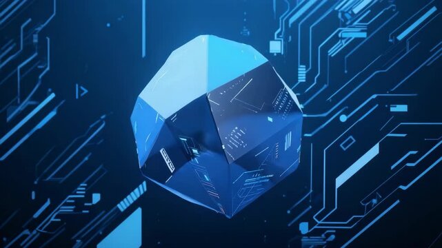 Abstract 3D polygonal object floating in a high-tech blue environment with electronic circuit lines. Modern, futuristic concept ideal for technology, innovation, and digital themes.