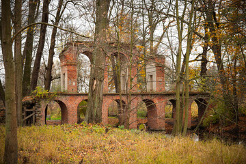 jesień, park pałacowy, arkadia, liście, budynki zabytkowe.  rośliny, polska,  © dulak