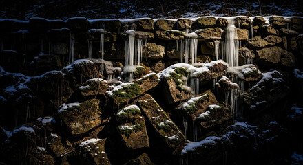 A dark, stone retaining wall or cliff face with patches of frozen moss and long, slender icicles hanging from the top. The scene is shadowy and rugged, emphasizing the cold and hardiness of the enviro
