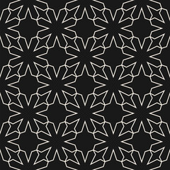 Fototapeta premium Vector seamless pattern with islamic star motif. Elegant geometric background with floral lattice, outline line shapes. Minimal luxury texture. Black and white royal ornament. Repeated asian design