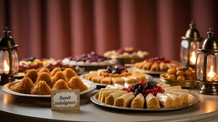 Ramadan Sweets Display, Elegant Dessert Table with Middle Eastern Sweets and Lanterns, S