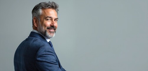Smiling mature man in blue business suit posing at grey background. Senior businessperson looks back over his shoulder. Confident businessman with beard, leader concept. Empty copy space available.