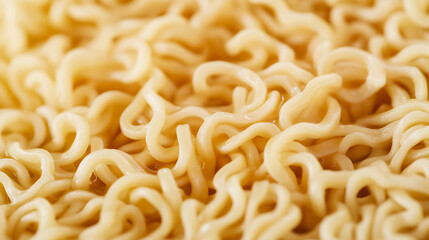 A close-up shot reveals a pile of cooked noodles, their twisted and coiled shapes filling the frame with a warm, inviting texture, promising a comforting meal.
