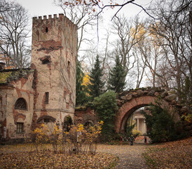 jesień, park pałacowy, arkadia, liście, budynki zabytkowe.  rośliny, polska, 