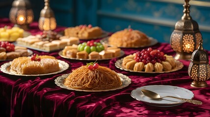 Naklejka premium Ramadan Sweets Display, Festive Arabic sweets, lanterns, and rich fabrics for Eid celebr