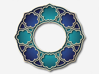 A decorative Islamic-style circular frame design with a white center surrounded by an intricate pattern of eight pointed star shapes.